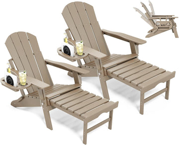 Adjustable Adirondack Chair Set of 2 with Retractable Ottoman, Brown | Folding HDPE Chair with Multifunctional Cup