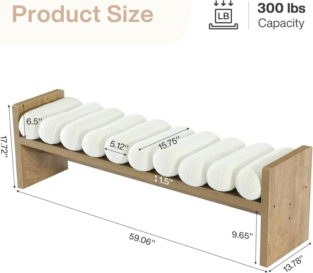 59'' Wooden Entryway Bench with Boucle Cushion, Upholstered Fabric End of Bed Bench, Aesthetic Large Oval Ottoman