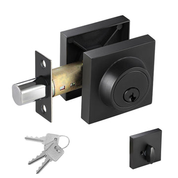 Square Single Cylinder Modern Deadbolt Lock with Keys, Matte Black Deadbolt for Front Door Entrance, Front Door
