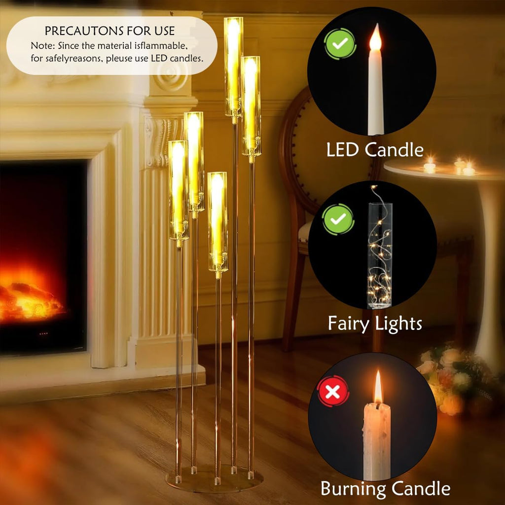 4pcs 5 Arm Acrylic Candelabra,Clear Candle Holder,45.7inch Tall Floor Candle Holders for Ceremony Birthday Party Home