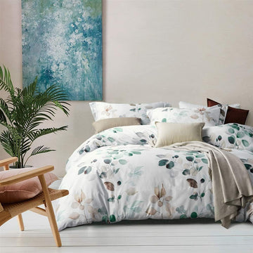 Floral Duvet Cover Set - 100% Long-Staple Cotton Green Leaves Pattern Printed Comforter Cover 3pcs Soft Breathable