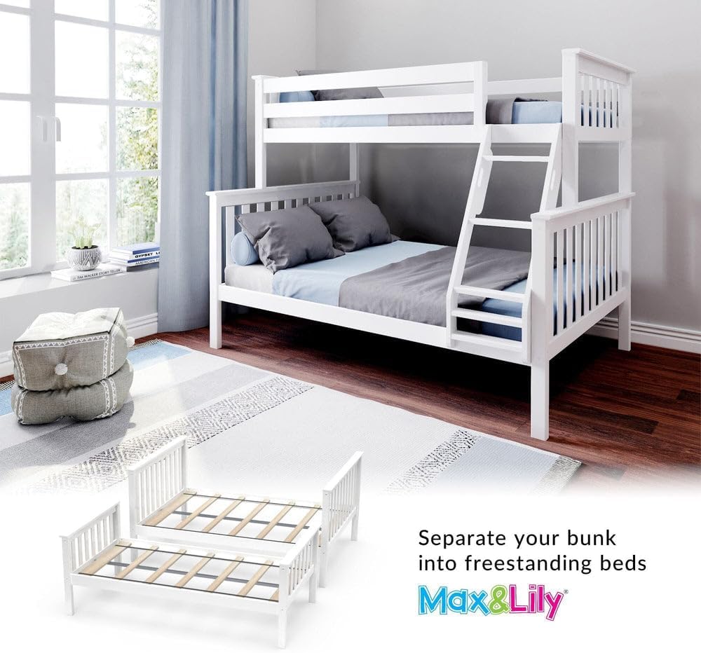 Bunk Bed Twin Over Full with Ladder, Solid Wood Platform Bed Frame with Ladder for Kids, 14" Safety Guardrails
