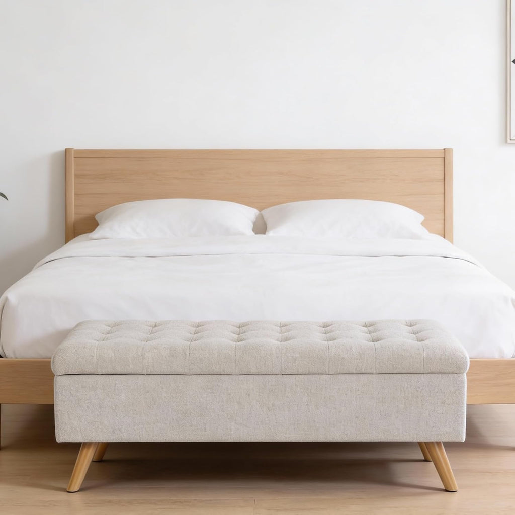 48" Modern Tufted Storage Bench - Textured Cream Fabric