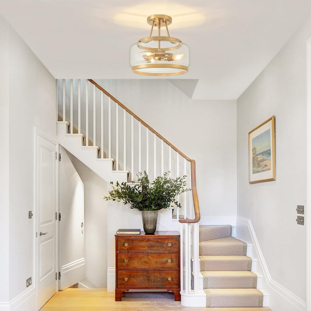 11.81" Brushed Gold Semi Flush Mount Ceiling Light, Modern Glass Drum Light Fixtures, 3-Light Golden Ceiling Lights