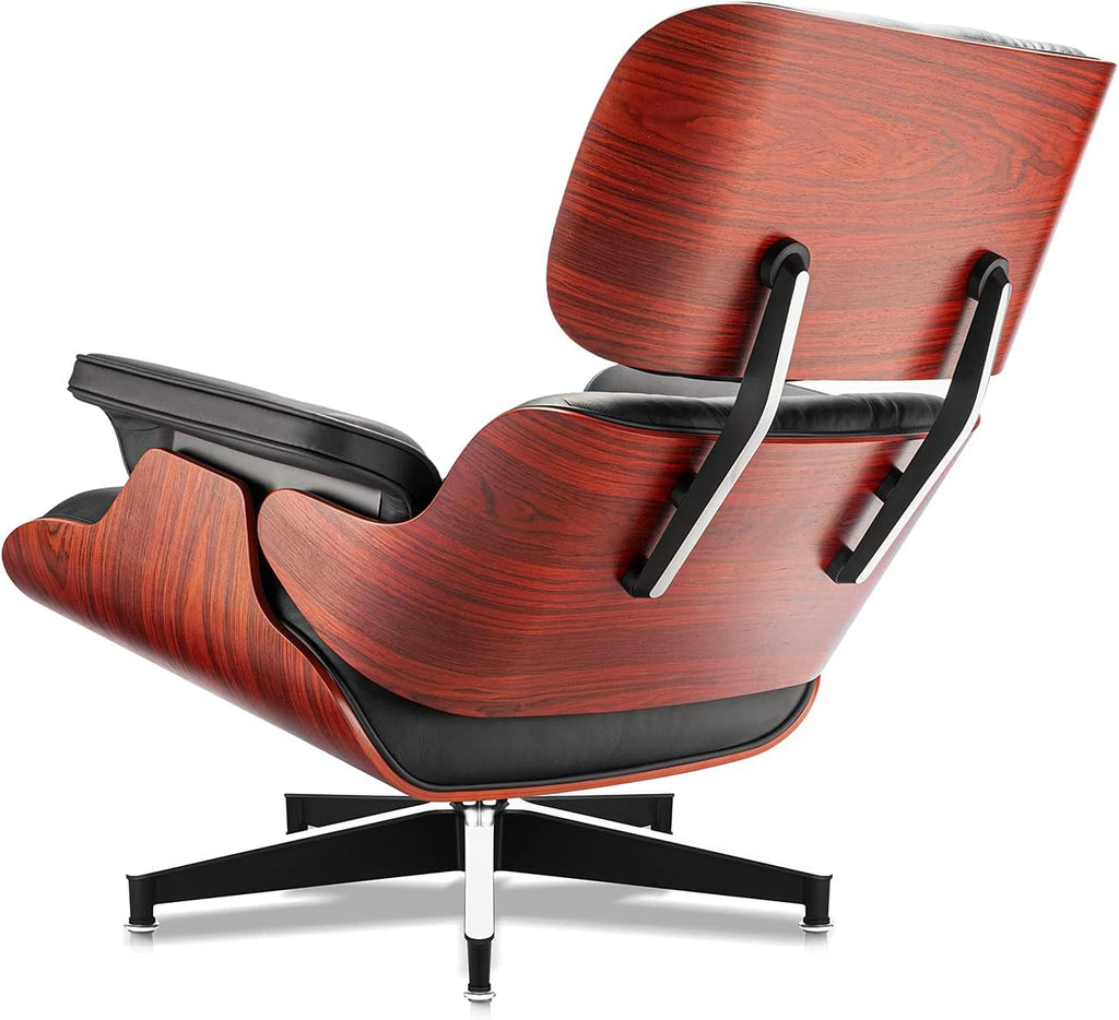 Mid-Century Modern Lounge Chair & Ottoman — Black Bonded Grain Leather, Rosewood Base, Tall Back