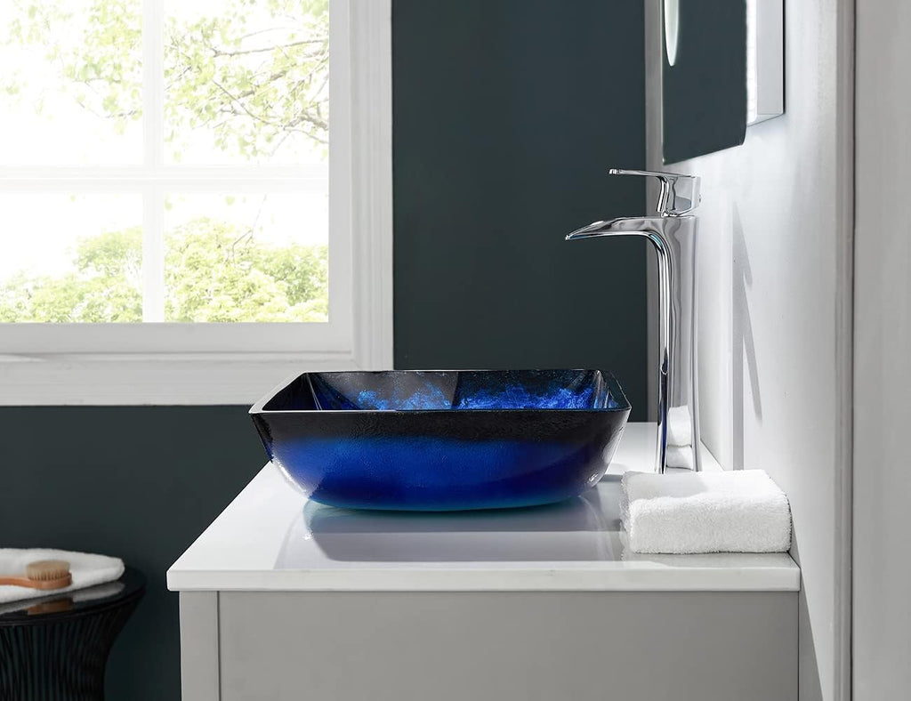 Blue Lotous Square Tempered Deco Glass Vessel Bathroom Sink in Lustrous Blue | Top Mount Sinks Above Countertop |