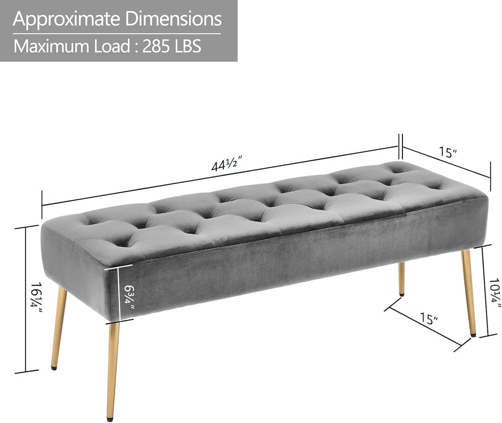 Modern Velvet Ottoman Bench, Button-Tufted Upholstered Bedroom Benches,End of Bed Bench with Gold Base Living Room
