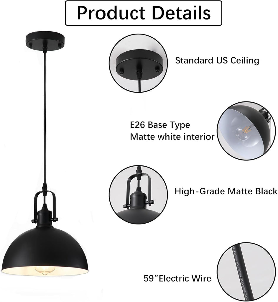Farmhouse Pendant Lights Kitchen Island 3 Pack, Matte Black Modern Hanging Light Fixtures, Industrial Ceiling Pendant