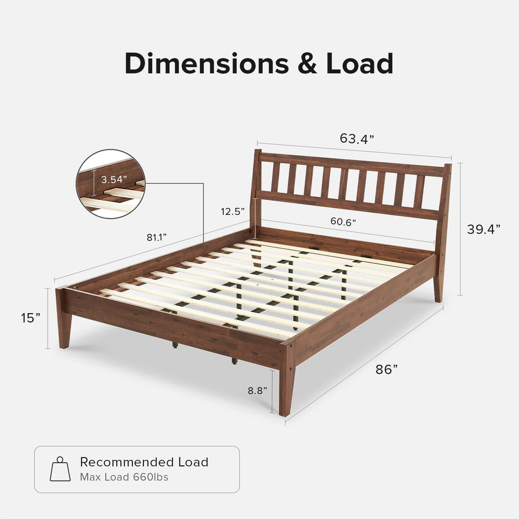 Ted Bed Frame with Headboard, Mid Century Modern Acacia Solid Wood Platform Bed Frame, Wooden Slats, No Box Spring