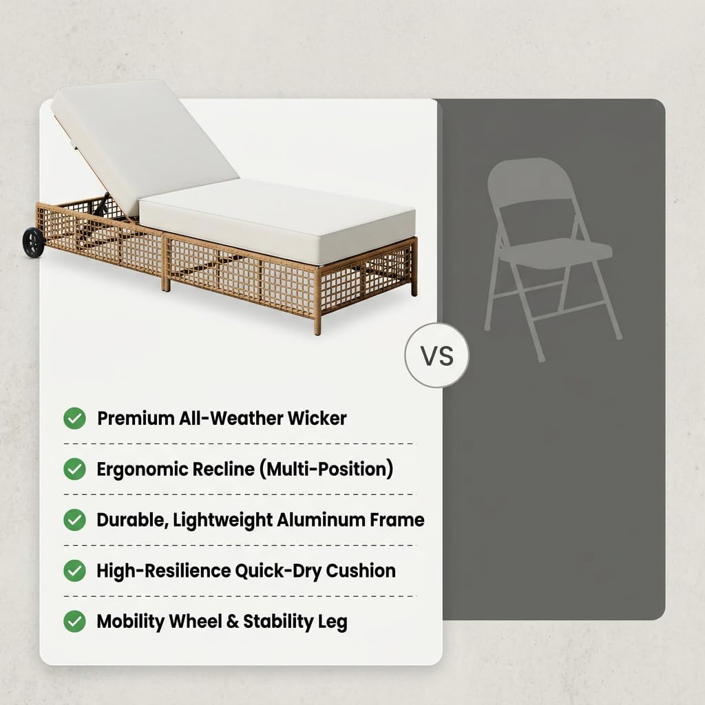 Outdoor Patio Chaise Lounge with Cushion, Acacia Wood and Wicker Sun Lounger, 5-Position Adjustable Backrest, Garden