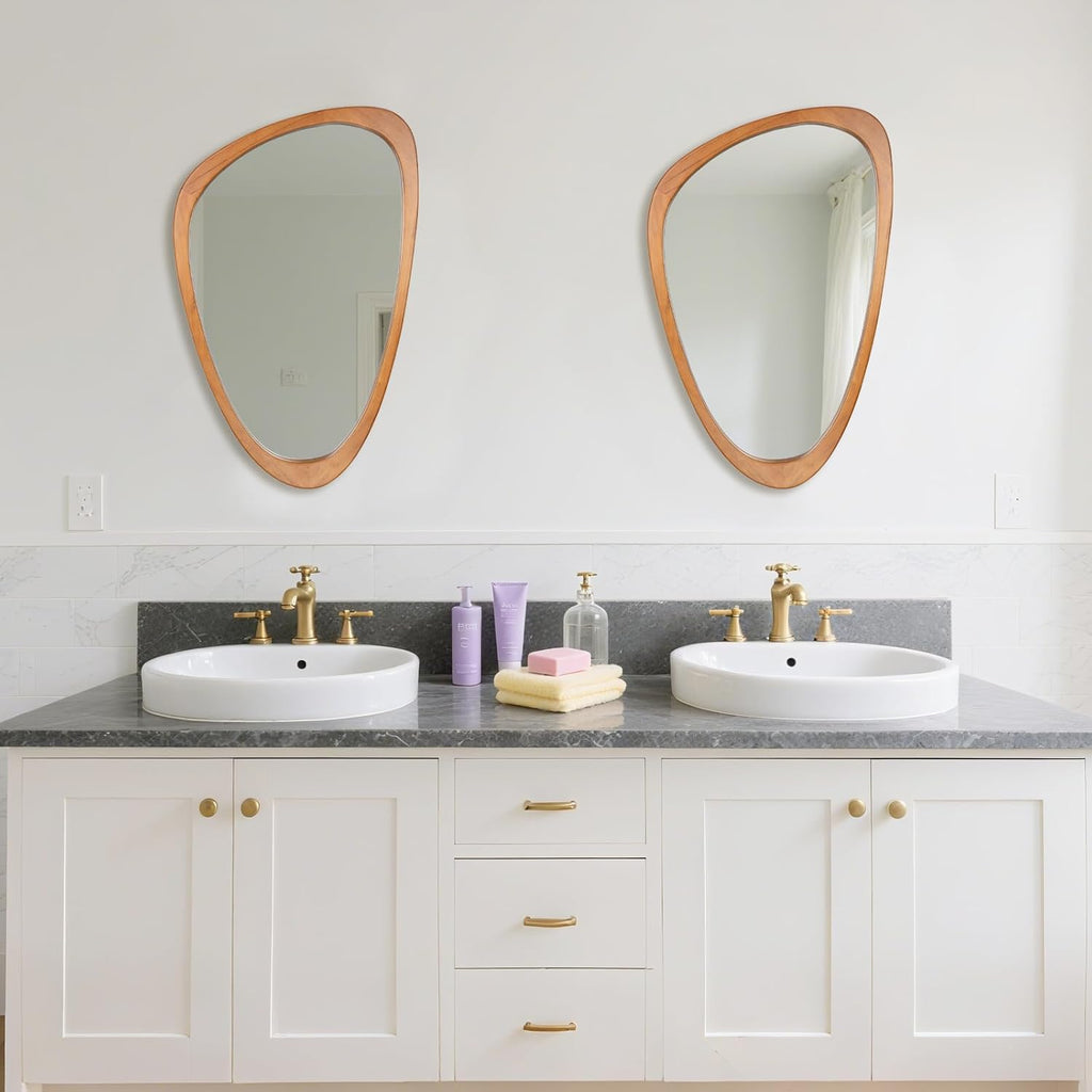 Irregular Wall Mirror Asymmetrical Bathroom Mirror, 19 x 30 Inch Wall Mounted Decorative Mirror with Wooden Frame