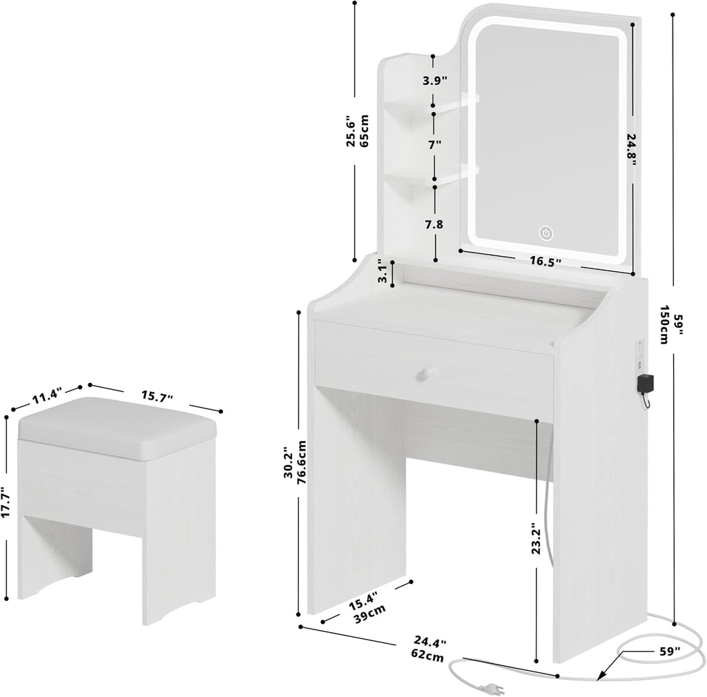 Small Vanity Desk with Mirror Lights and Storage Stool | White compact vanity with 3 light modes, charging station