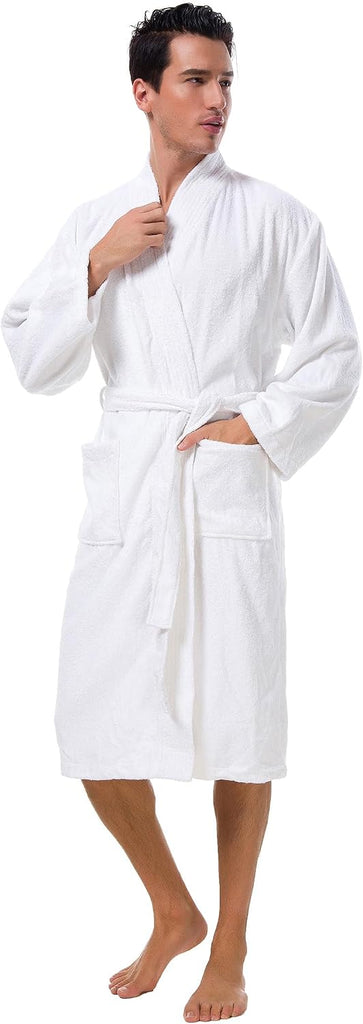 Men's Terry Cotton Robe, Absorbent Kimono Towel Bathrobe for Spa and Hotel, Soft Shower Calf Length Cloth with Pockets