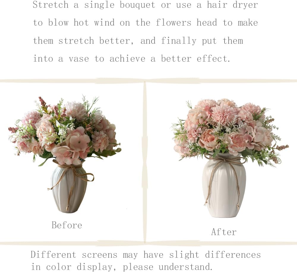 Peonies Artificial Flowers in Vase, Fake Hydrangea Silk Peony Flower Bouquet with Vase Faux Flowers Arrangement Decor