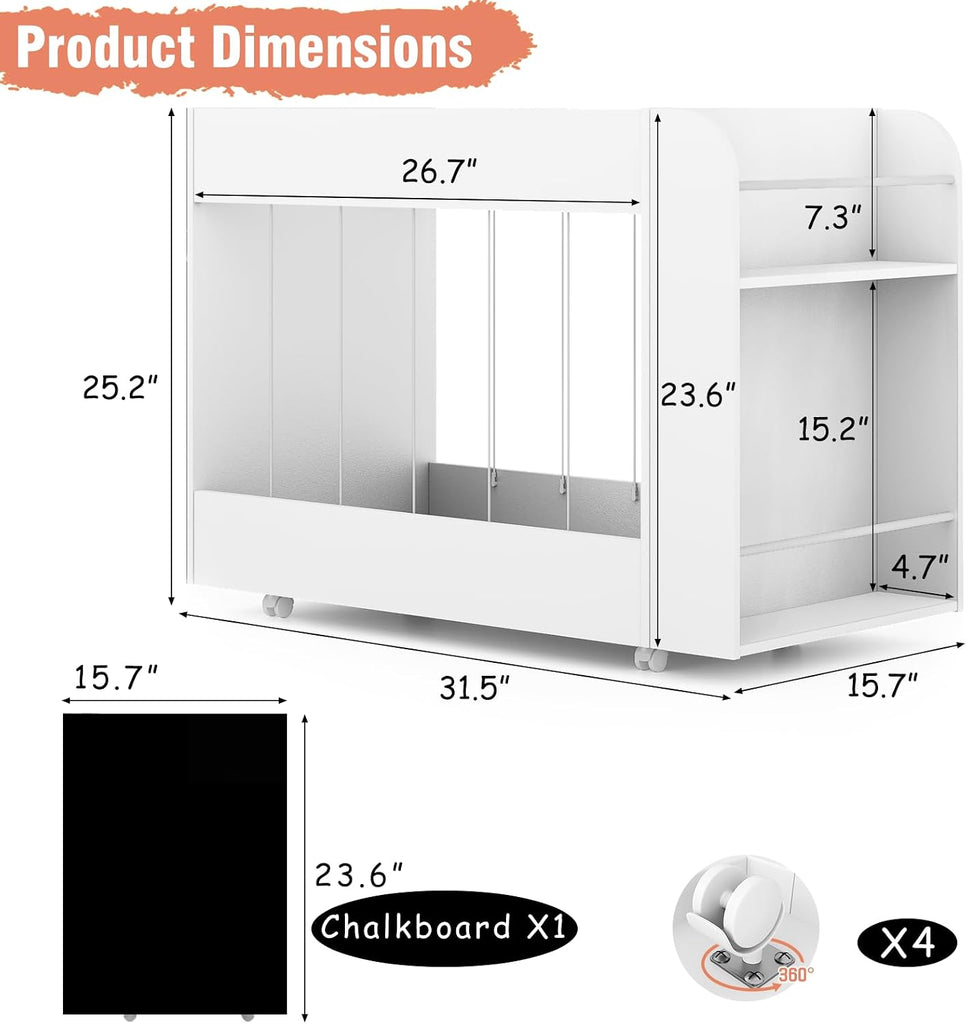 3-in-1 Toy Storage Box with Bookshelf and Chalkboard, Large Stuffed Animal Toy Chest on Wheels, Kids Toy Storage