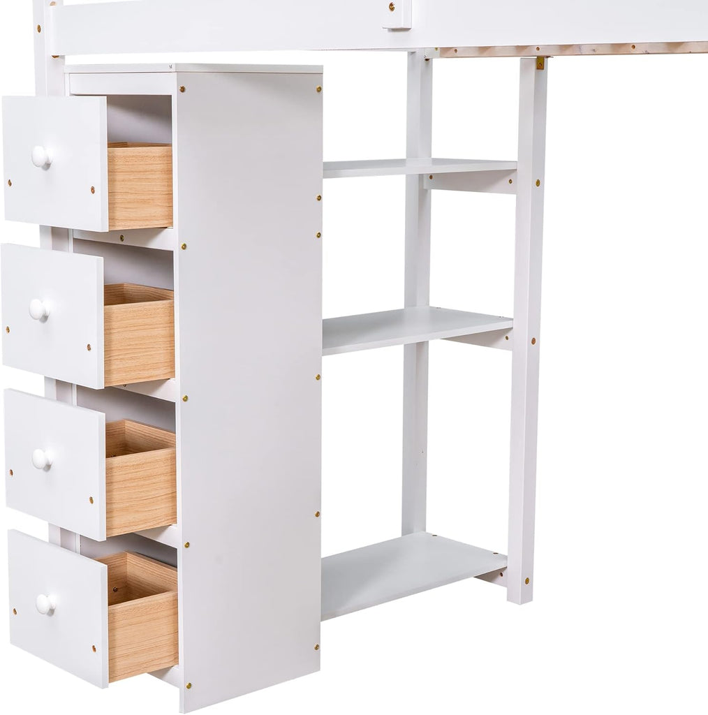 Loft Bed Twin with Desk and Storage Stairs, Space-Saving Wood Bed Frame with Drawers and Shelves