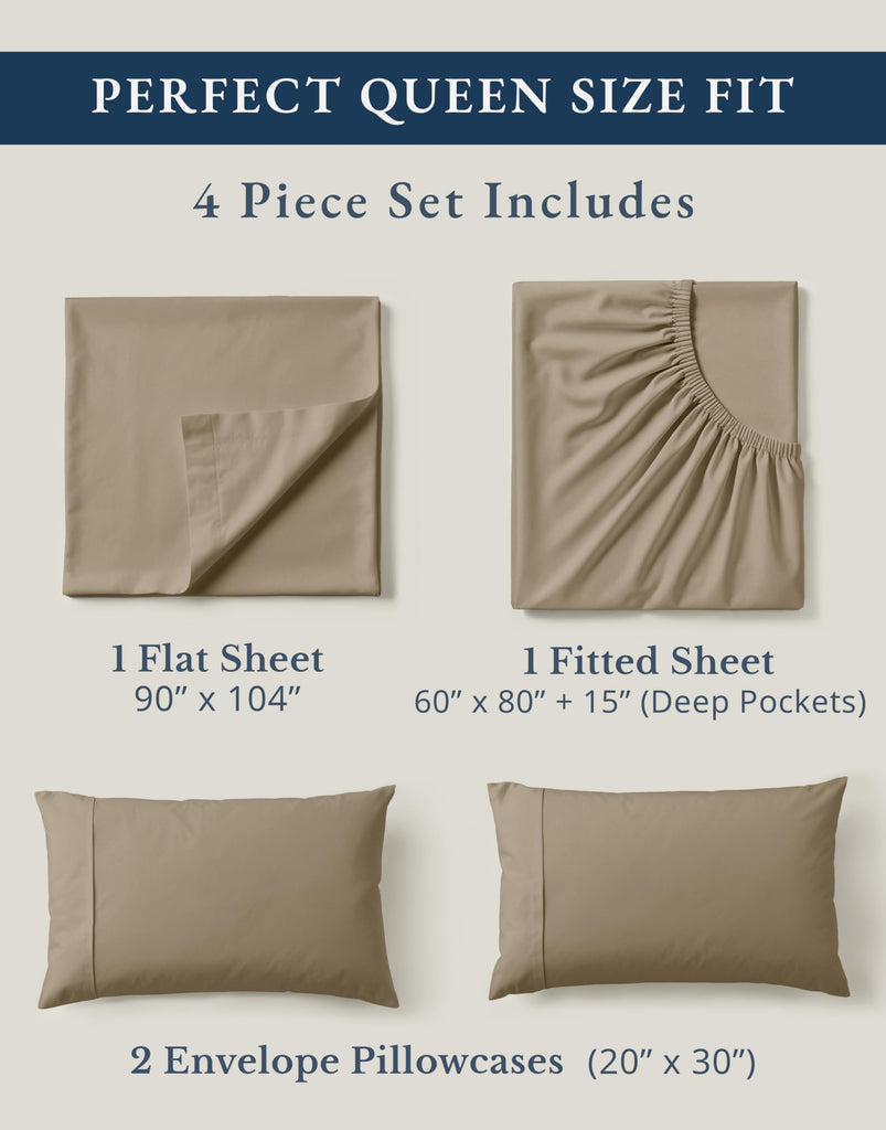 Queen Sheets 100% Organic Cotton Soft 4pc Percale - Taupe