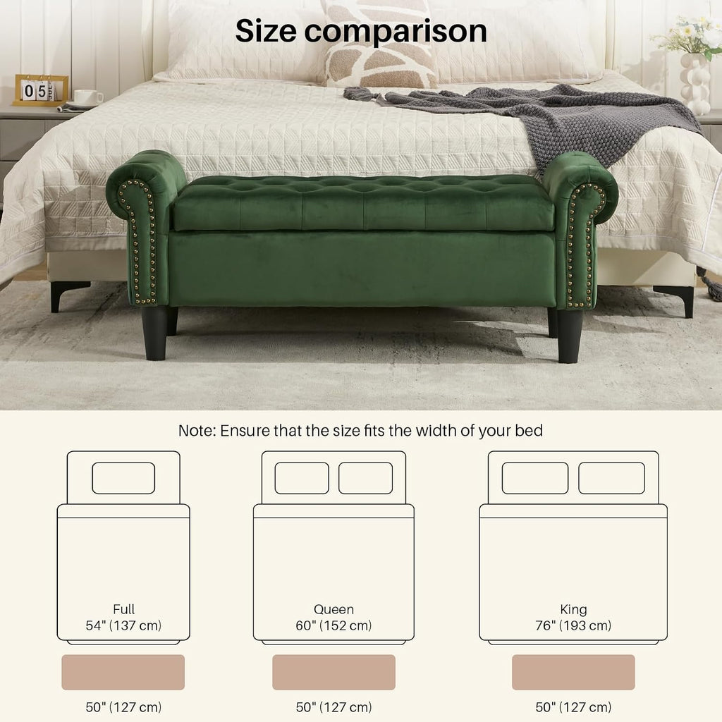 50" Storage Bench , Velvet Upholstered, Green | End of Bedroom Bed Bench Ottoman with Tufted Cushioned Rolled Arm