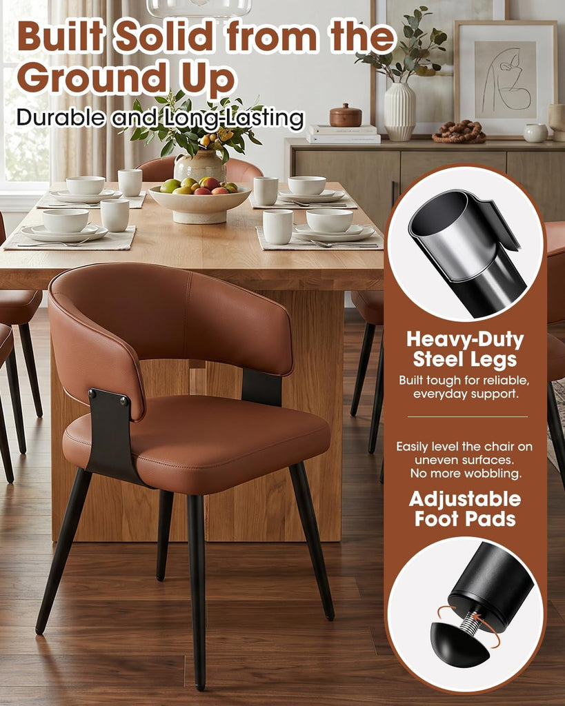 Dining Chairs Set of 2, Modern Upholstered PU Leather Kitchen & Dining Room Chairs with Curved Open Back Metal Legs