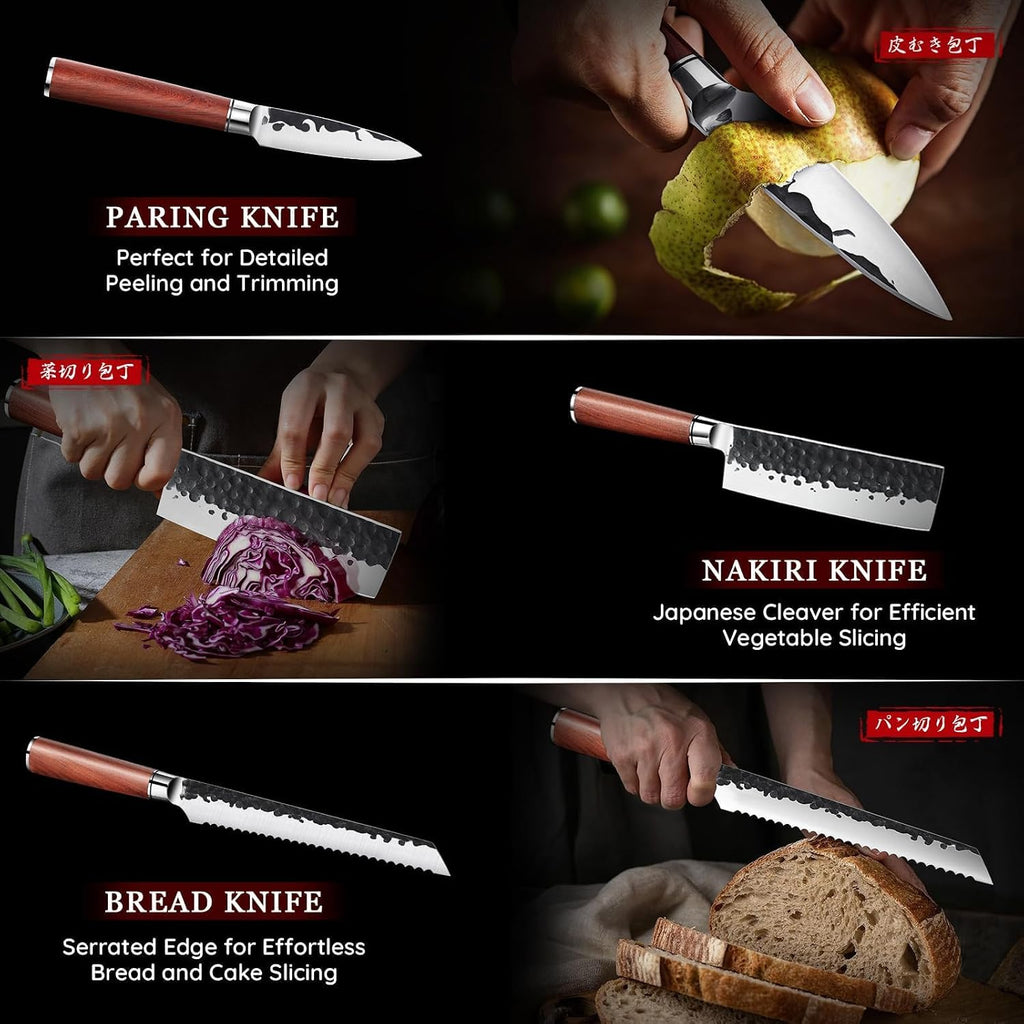 Japanese Chef Knife Set 6 pcs, Kitchen Knives Set with Gift Box | Hand-forged High Carbon Steel Blade, Sharp Cooking