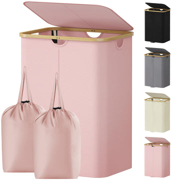 150L Double Laundry Hamper with Lid and Removable Bag, Pink