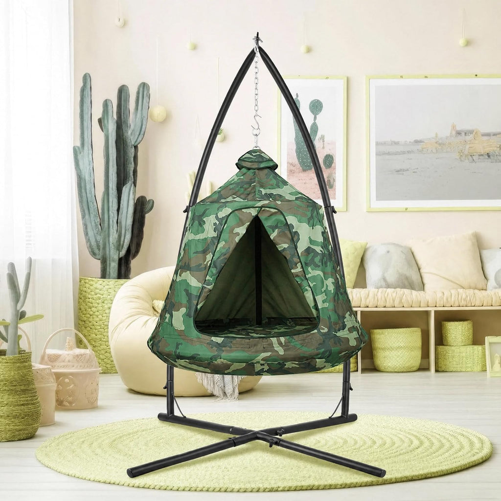Hanging Hammock X-Stand w/Tree Tent, Swing Chair Stand w/Play Tent | Indoor Outdoor Egg Basket Patio Seat w/ Metal