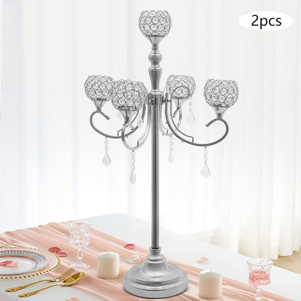 2 Pack 5-Arm Crystal Candelabra Candle Holder 33.8 Inches Tall Floor Candle Holder Candelabras Centerpieces for Table