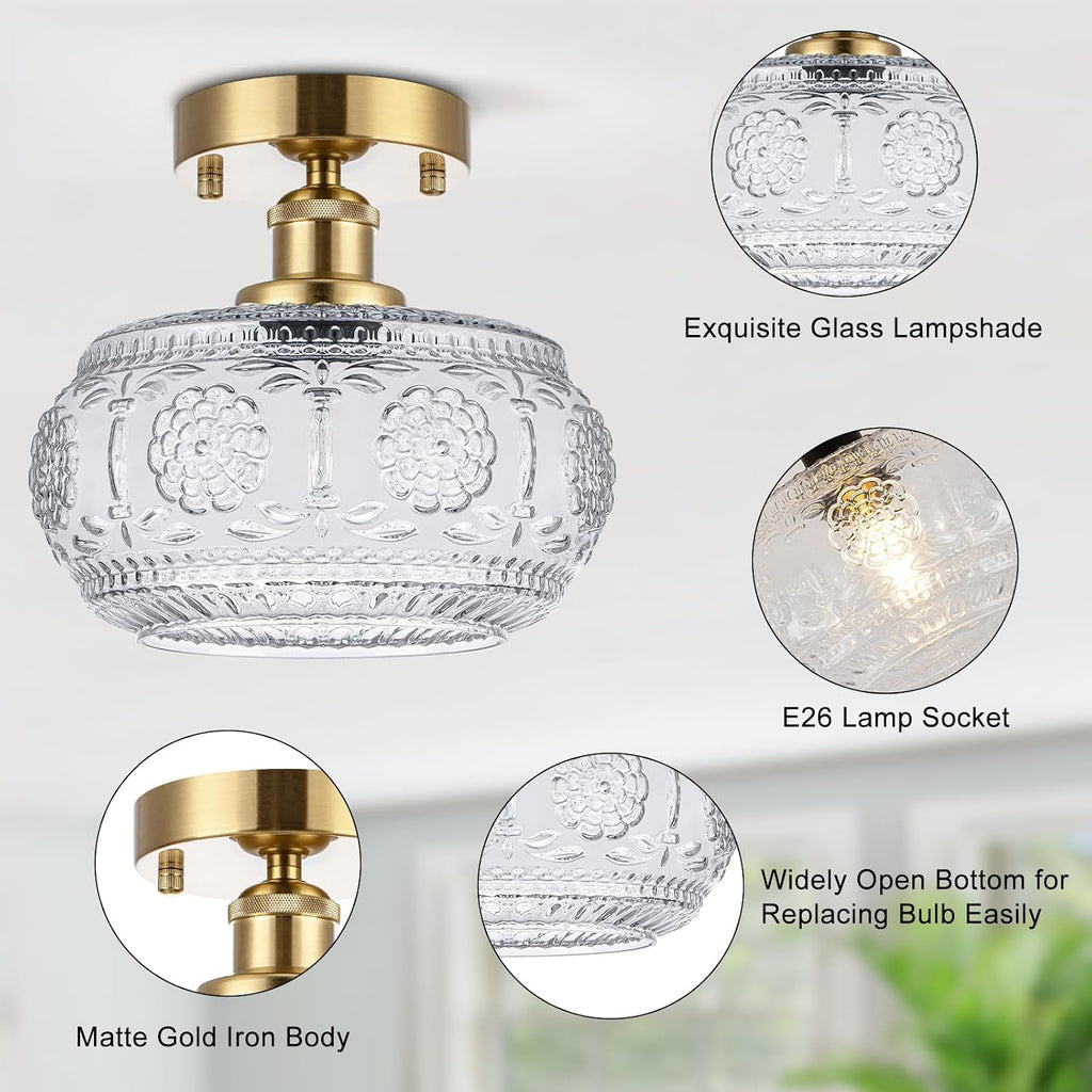 Semi Flush Mount Ceiling Light Fixture - Brass & Floral Glass Shade, Vintage Modern Lighting (Bulb Not Included)