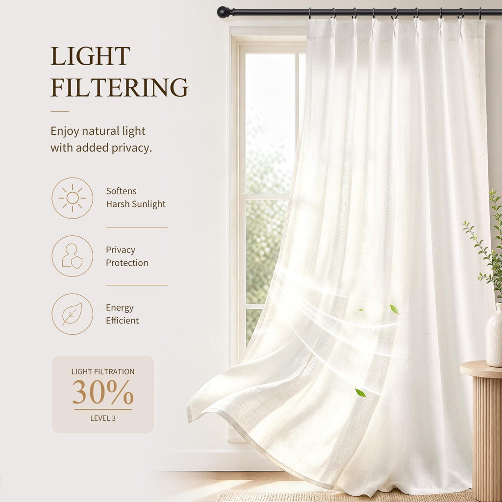 Extra Wide 60 Inch Natural Pleated Linen Curtains 90 Inch Long 1 Panel