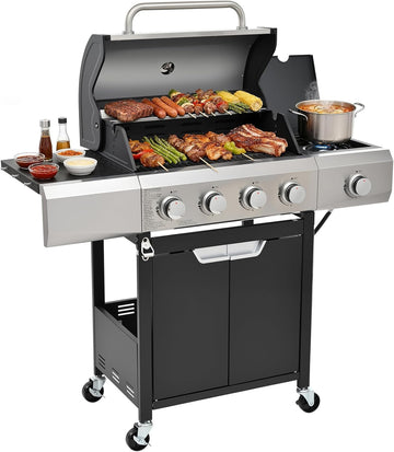 4-Burner Propane Gas Grill, 51,000 BTU Stainless Steel BBQ Grill with Side Burner, 452 Sq. In. Cooking Area and Porcelain Grates for Outdoor Cooking