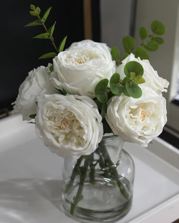 Artificial Flowers with White Roses in Vase, Fix Lifelike Fake Flowers in Vase with Artificial Water, Faux Flower