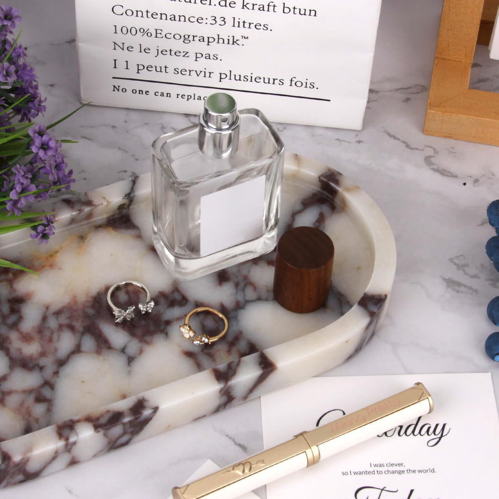 Natural Marble Tray Oval, Calacatta Viola, 10 x 5 x 0.6 | Bathroom Vanity Tray for Countertop, Elegant Stone