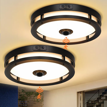 Outdoor Motion Sensor LED Ceiling Light, Dusk to Dawn, 12", 2 Pack