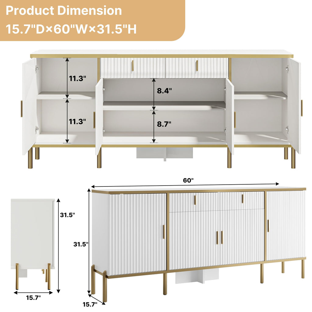60" Fluted Sideboard Buffet Cabinet, Modern Buffets & Sideboard with Adjustable Shelves, Accent Cabinet with Storage