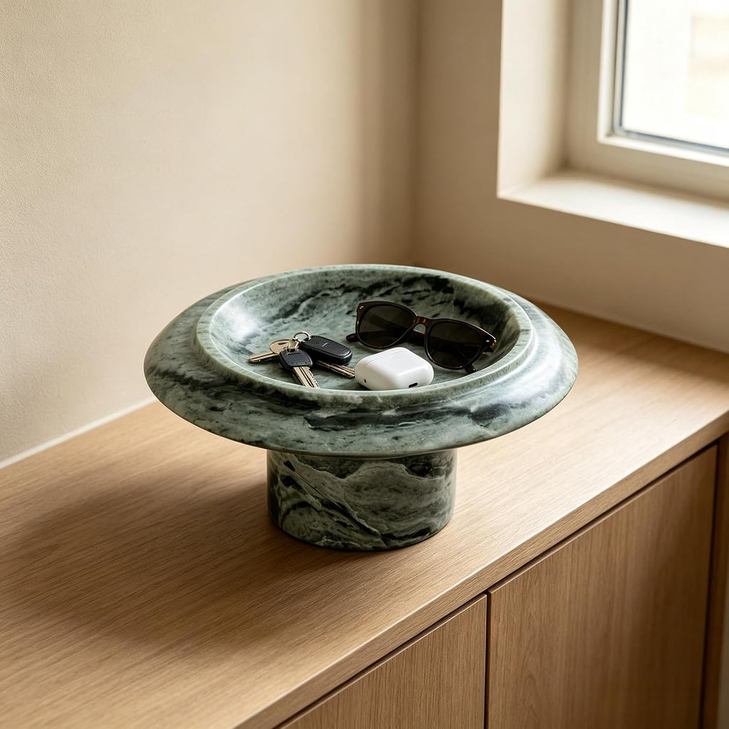 Green Natural Marble Mushroom Pedestal Tray 6.69" x 6.69" x 3.94", Decorative Footed Stone Bowl, Catchall Tray for