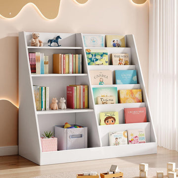 Upgraded 6 Tier Kids Wooden Bookshelf and Toy Storage, White | Children Toy Organizer with Upgraded Book Shelves