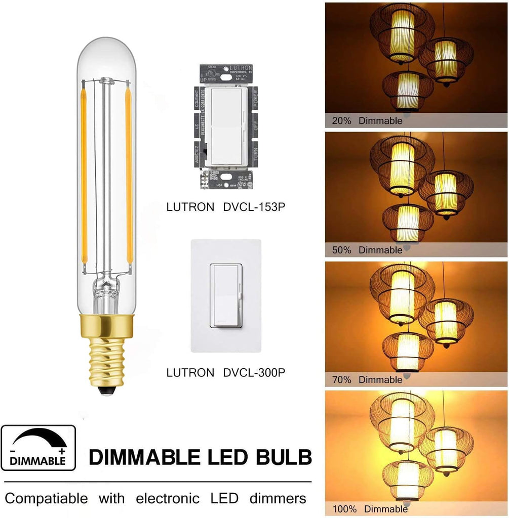 T20 T6 Small LED Bulb Long Filament 2W Equal 25 Watt E12 Candelabra Edison Tubular LED Light Bulb Dimmable 2700K Warm (4Pack)