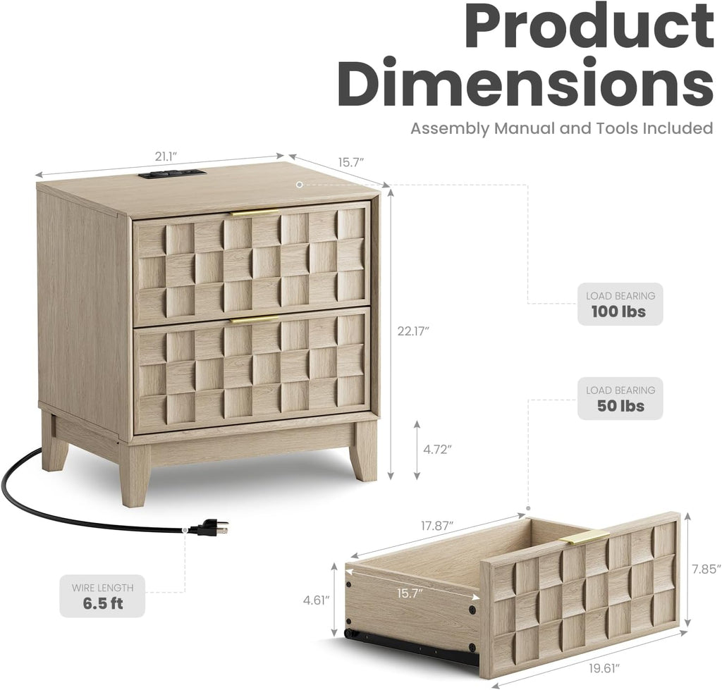 Night Stand with Charging Station Set of 2, Modern Nightstand Bedside Table, Wooden 2 Drawers Dresser, with