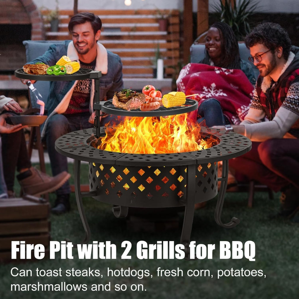 36 Inch Fire Pit with 2 BBQ Grills, Wood Burning Fire Pits for Outside with Lid & Fire Poker