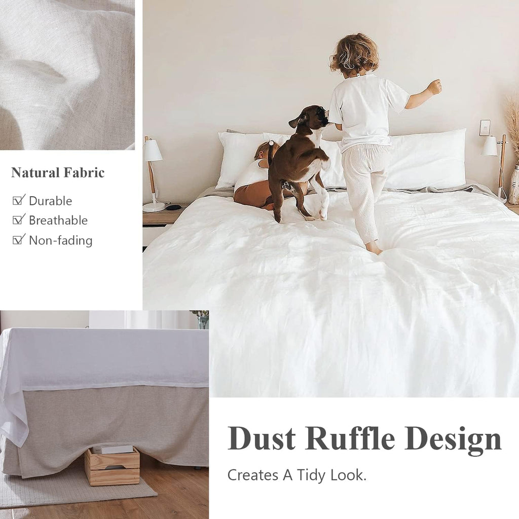 Belgian Linen Bed Skirt with Classic 14 inch Tailored Drop Dust Ruffle, Easy Fit Breathable Premium Natural Flax