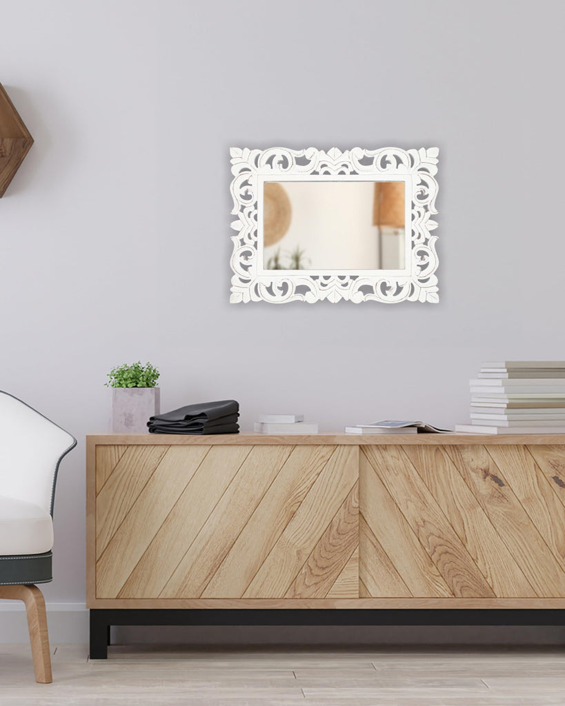 Lightnpro Hand Carved Rectangular Wall Mirror - 18×24 Inch Rustic Farmhouse Wood Frame with Antique White Finish