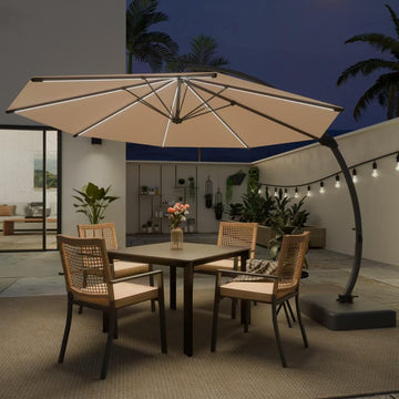 11ft Offset Cantilever Patio Umbrella with Solar Lights, Large Round Outdoor Umbrella with Base Included