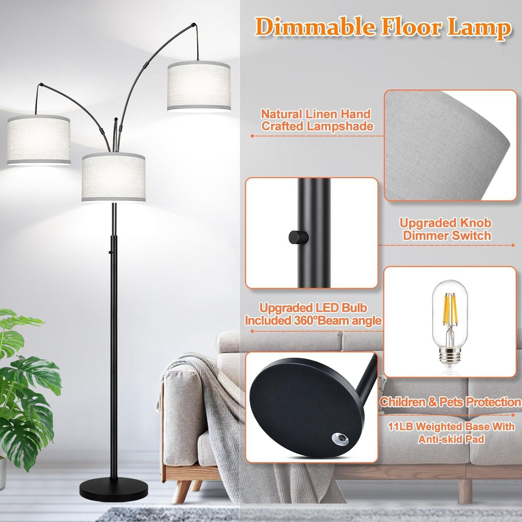 Dimmable Floor Lamp, 3 Lights Black Arc Floor Lamp, Modern Tall Standing Tree Lamp with Grey Linen Shades & Heavy Base