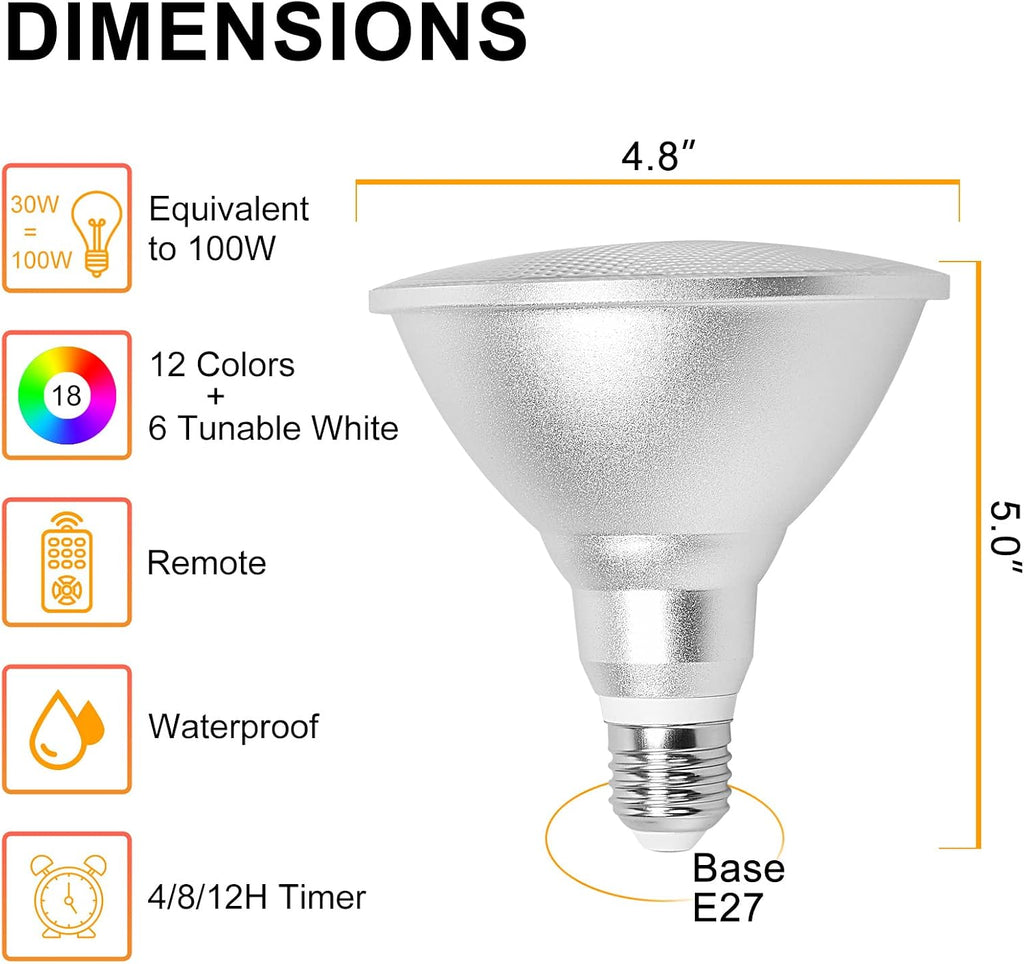 LED Par38 Flood Light Bulb Waterproof Outdoor, Color Changing Light RGBW | 30W=100W , Timing, 1800LM, Warm+Cool