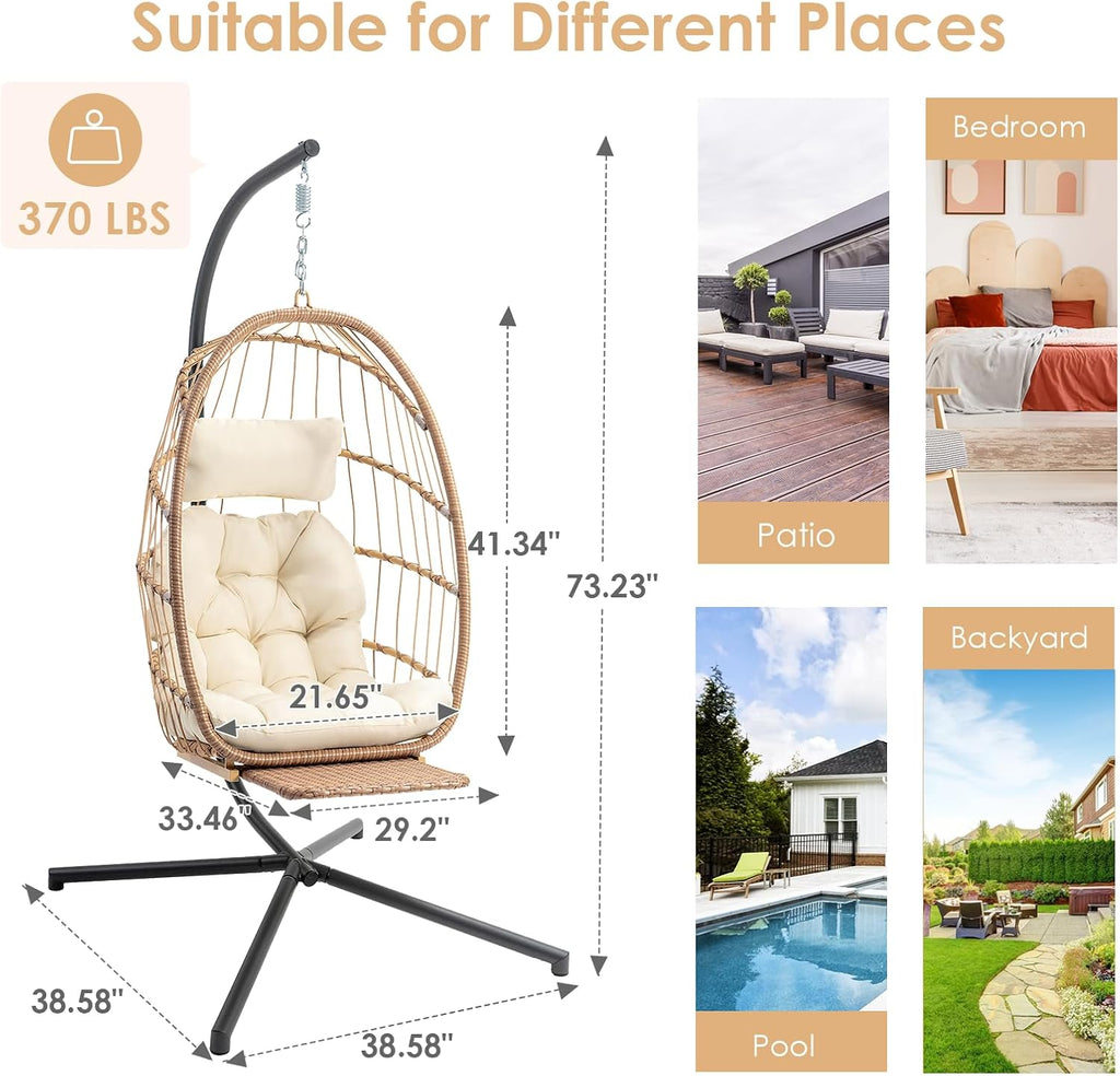 Hanging Egg Chair with Stand and Footrest for Indoor Outdoor, Begie | Wicker Egg Swing Chair with Aluminum-Steel