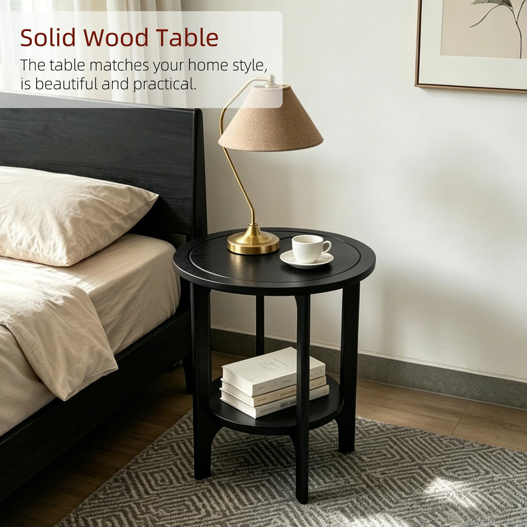 Black Solid Wood Round Side Table
