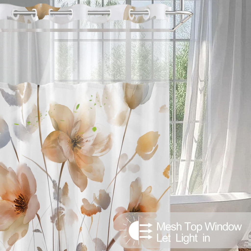 No Hook Shower Curtain and Liner Set, Orange Boho Floral 71x84