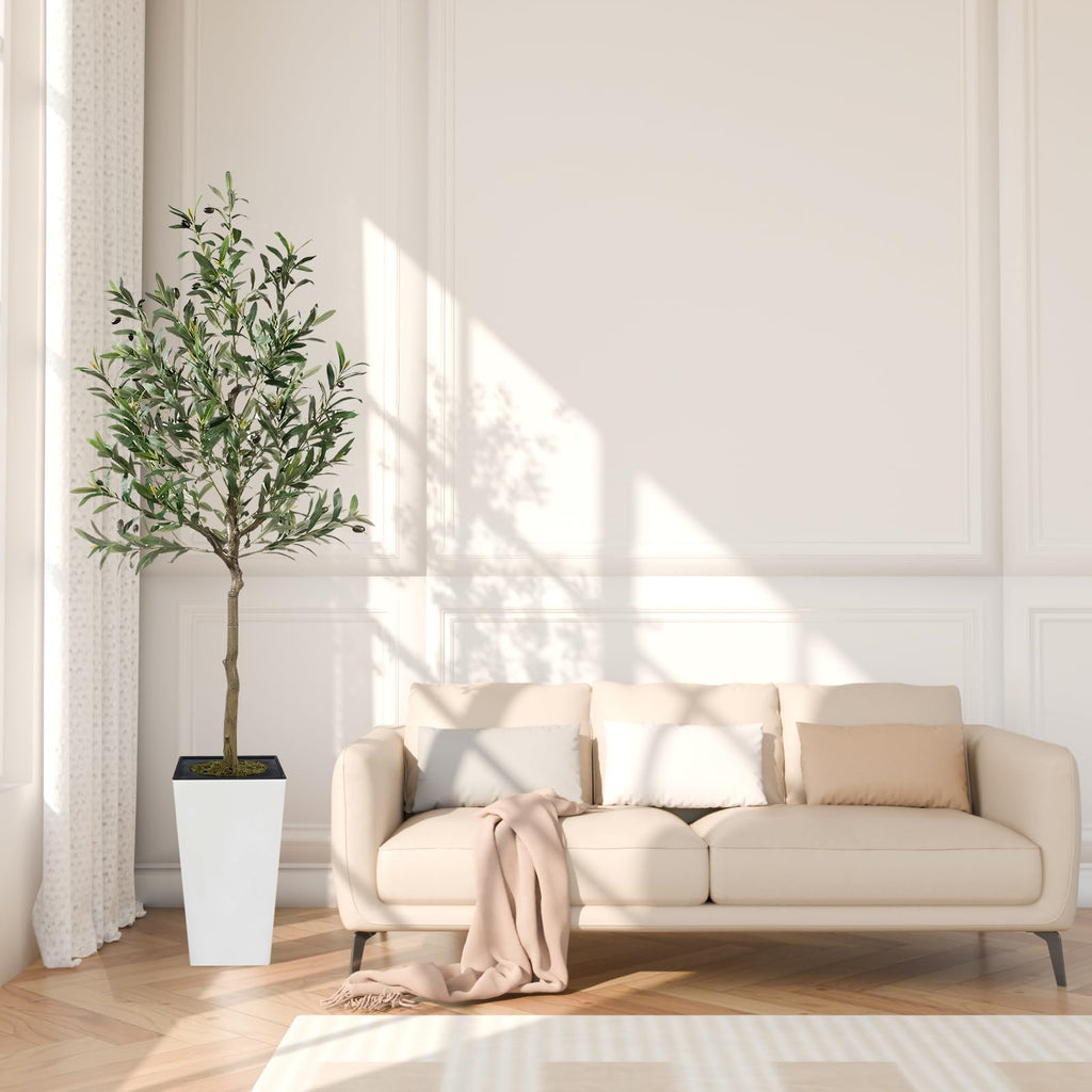 Artificial Olive Tree, 6ft Tall Fake Olive Trees with White Square Planter and Fake Moss for Indoor, Faux Olive Silk