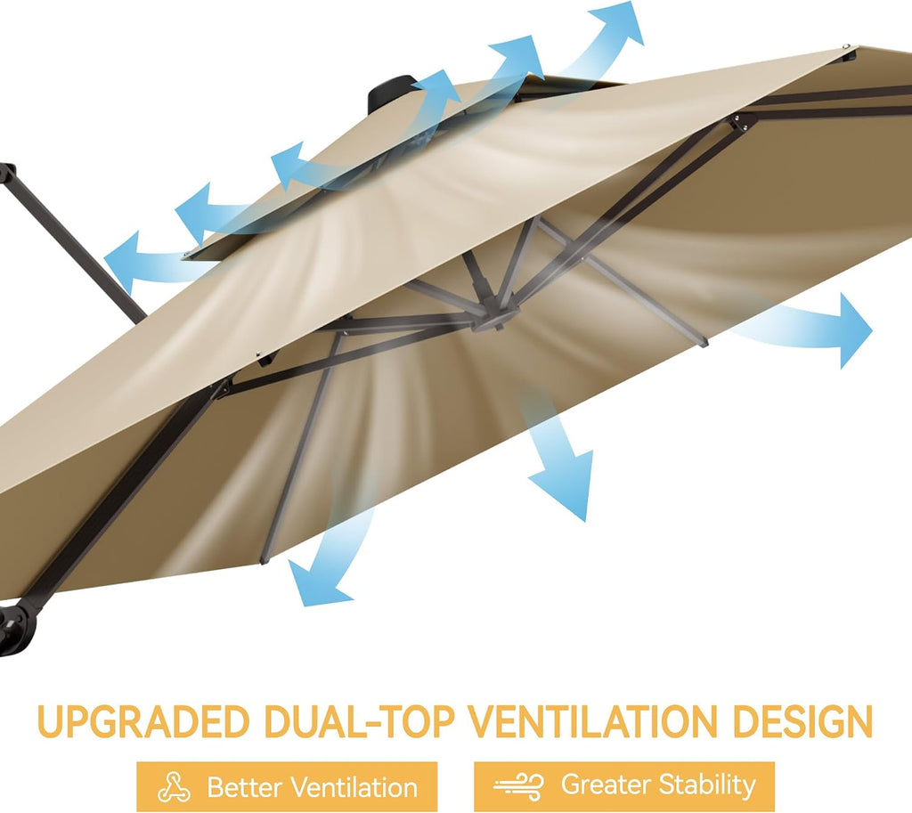 10x10 FT Patio Umbrella, Large Cantilever Double Top Heavy Duty Offset Umbrellas with 360° Rotation