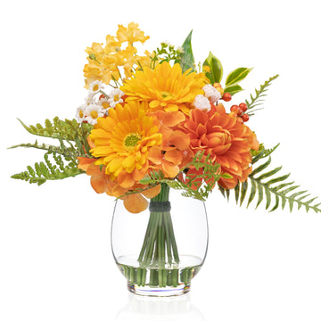 Artificial Flowers in Vase with Fake Water, Faux Silk Orange Yellow Flower